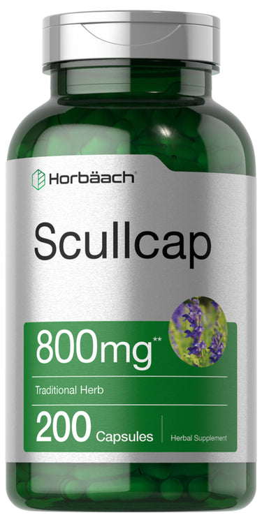Horbäach Scullcap 800mg, a traditional herb supplement, includes 200 capsules per bottle.