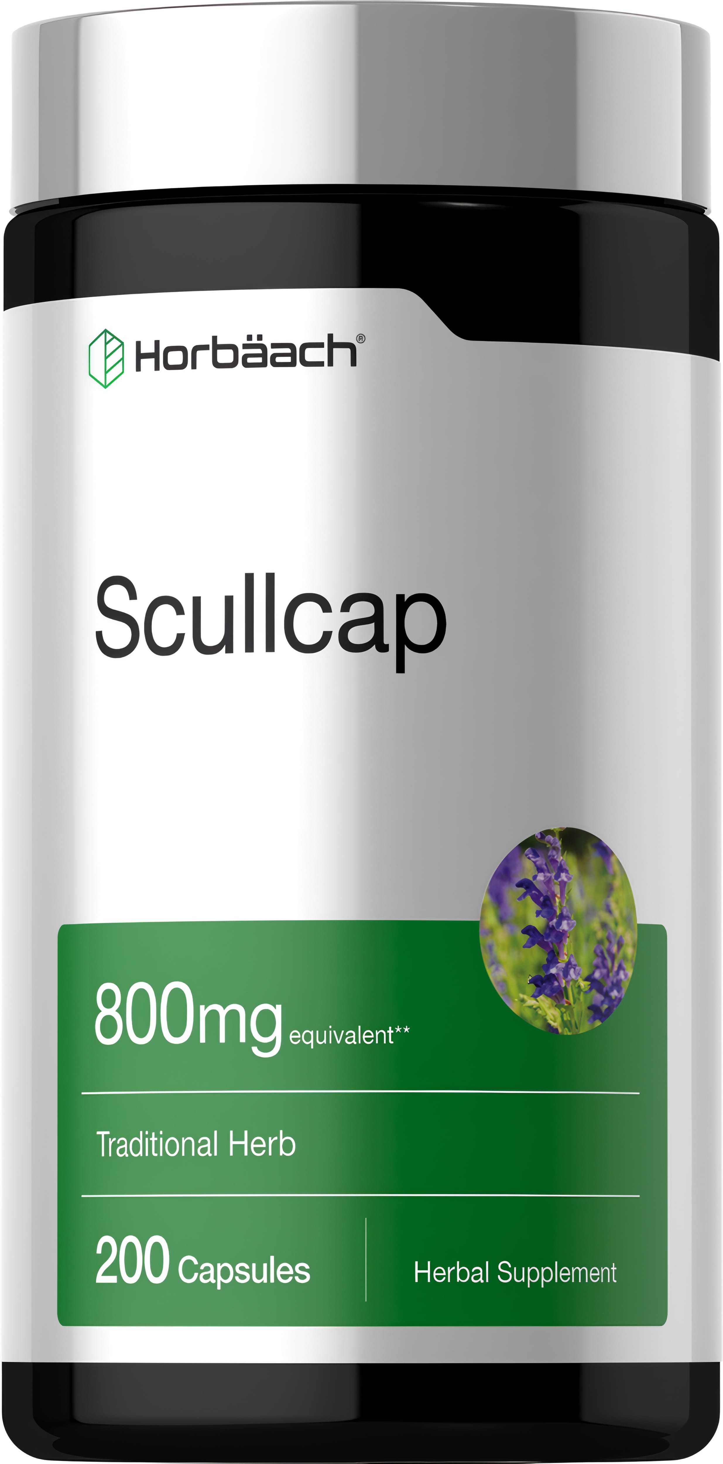 Horbäach Scullcap herbal supplement, 800 mg equivalent, 200 capsules, traditional herb support.