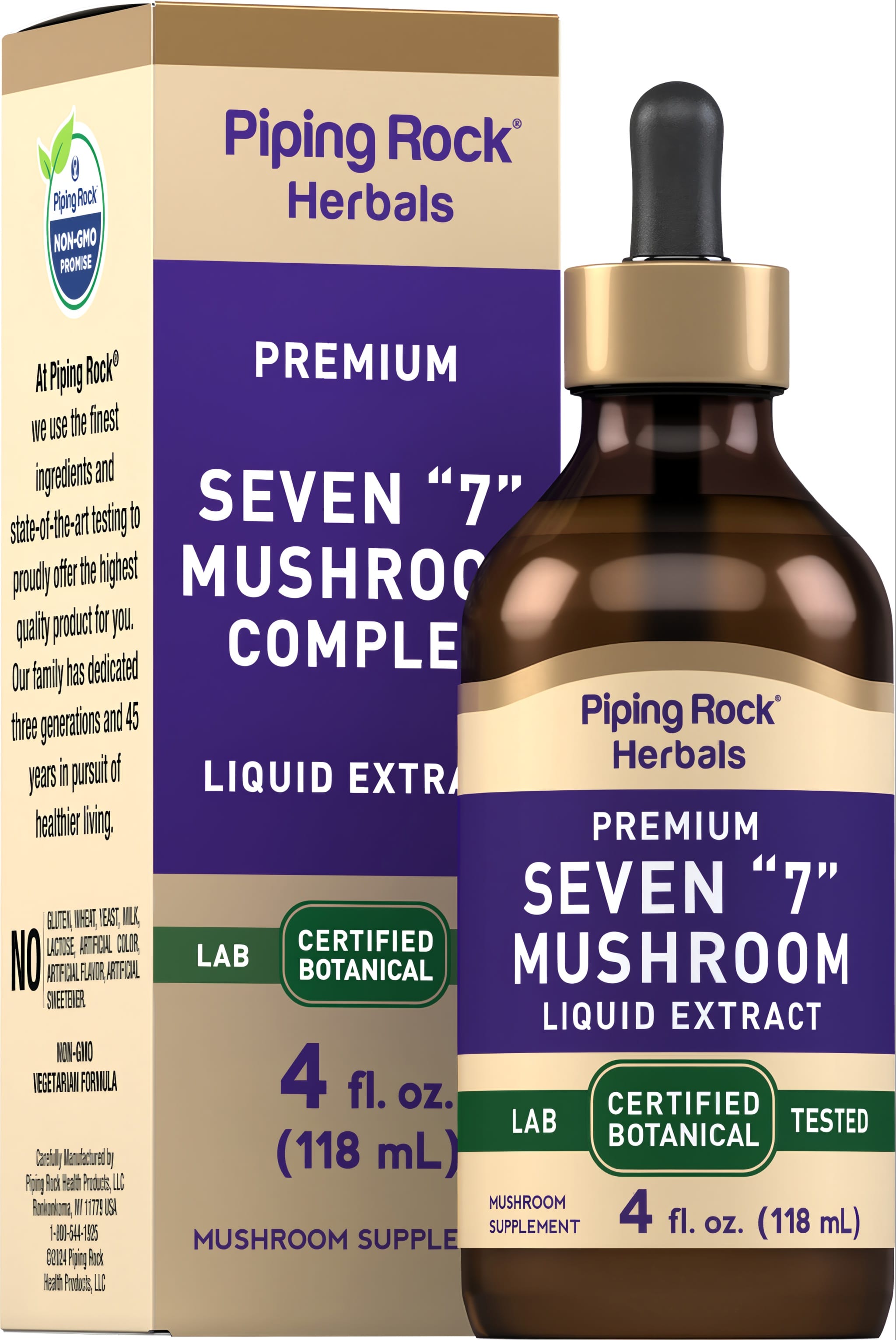 Seven '7' Mushroom Liquid Extract bottle, 4 fl. oz. (118 mL) size, displayed in a clear product image for identification.