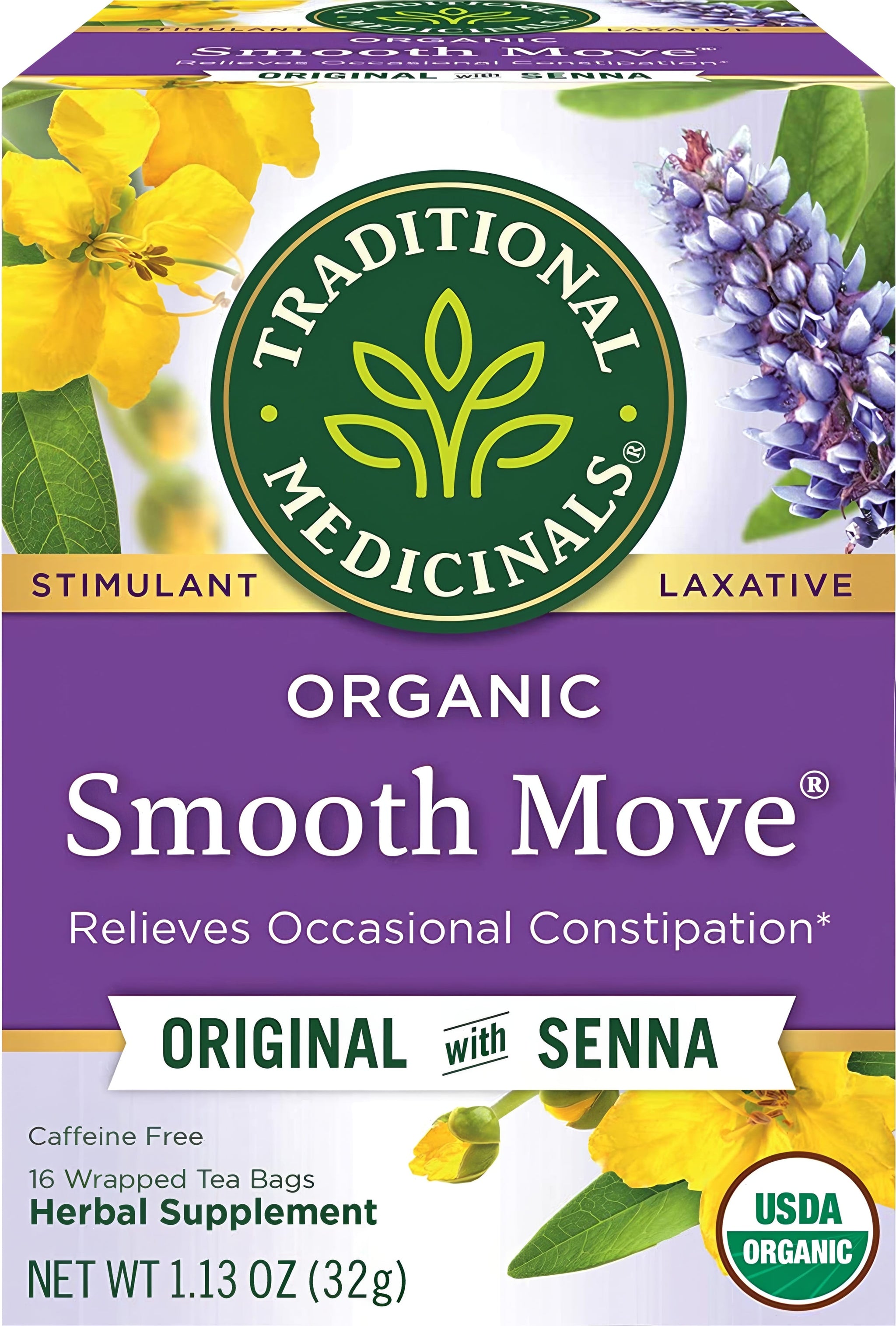 Organic Smooth Move Original tea with Senna, 16 wrapped bags, 1.13 OZ (32g), USDA Organic stimulant laxative.