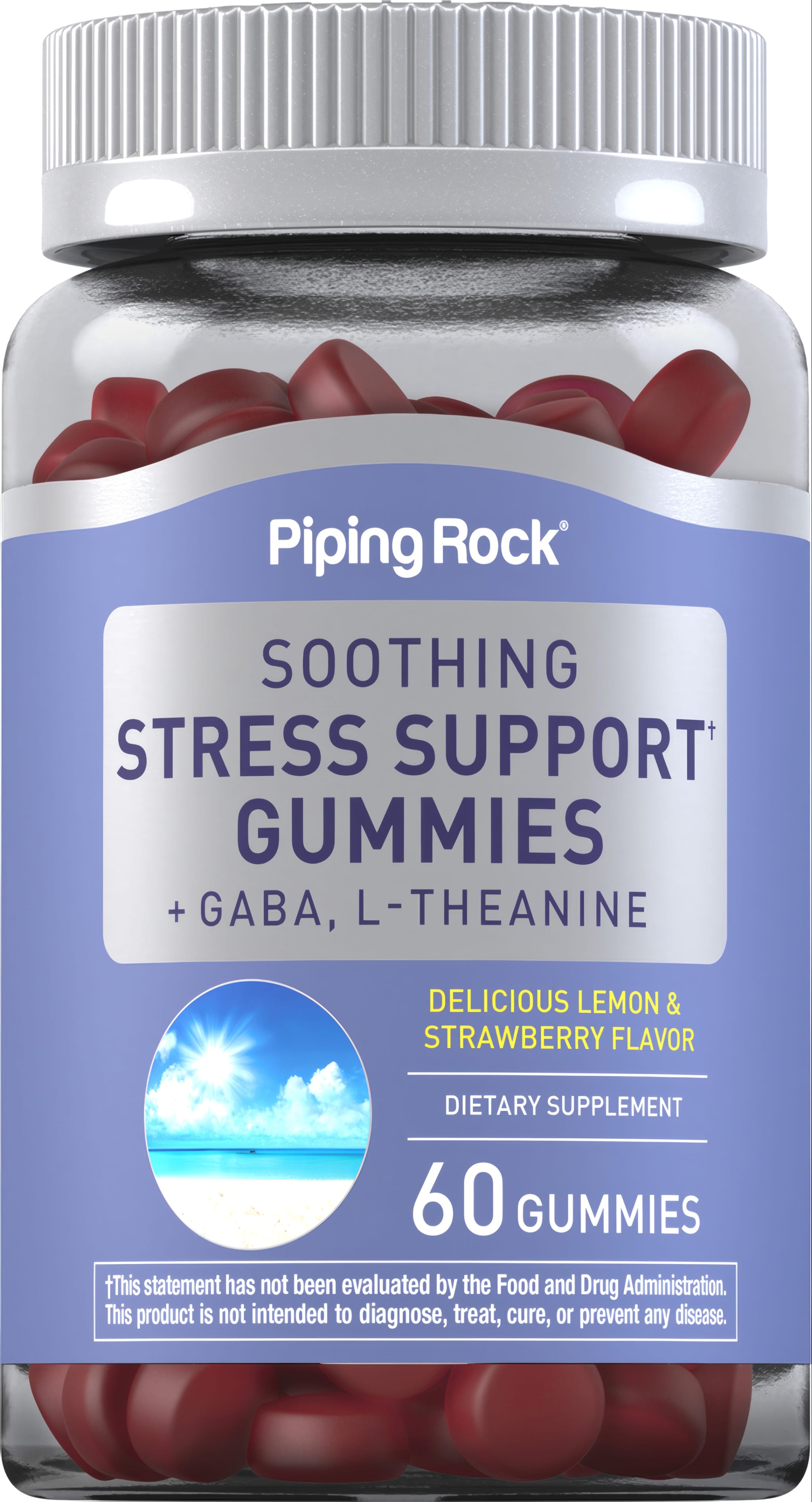 Soothing Stress Support Gummies with GABA, L-Theanine, in lemon and strawberry flavors. Dietary supplement, 60 gummies.