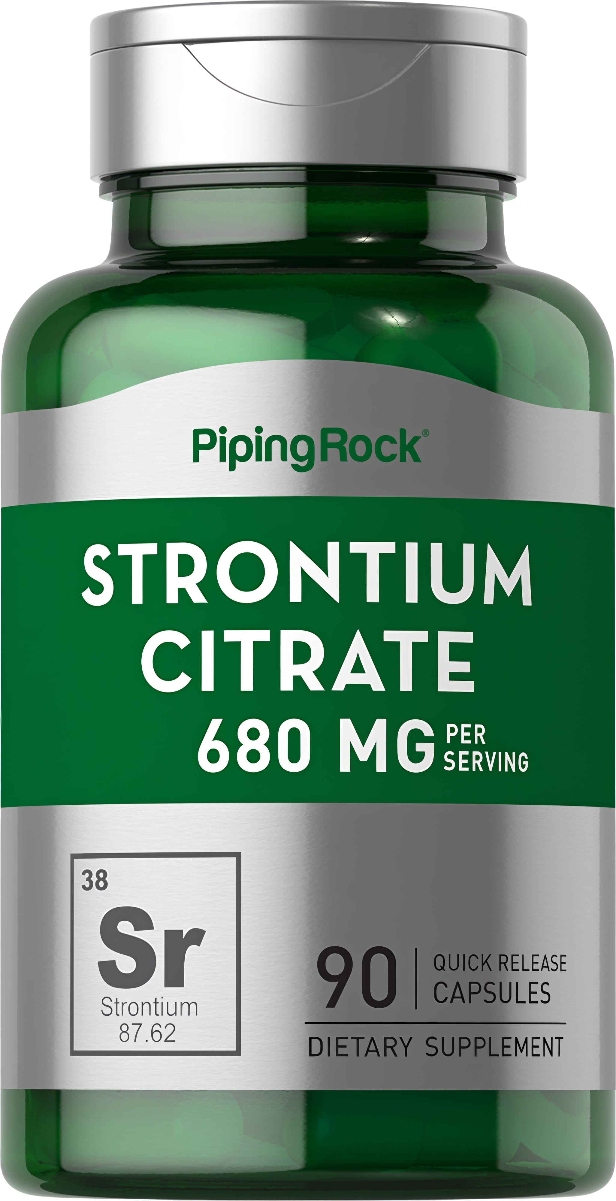 Strontium Citrate 680 mg, 90 quick release capsules in a bottle.