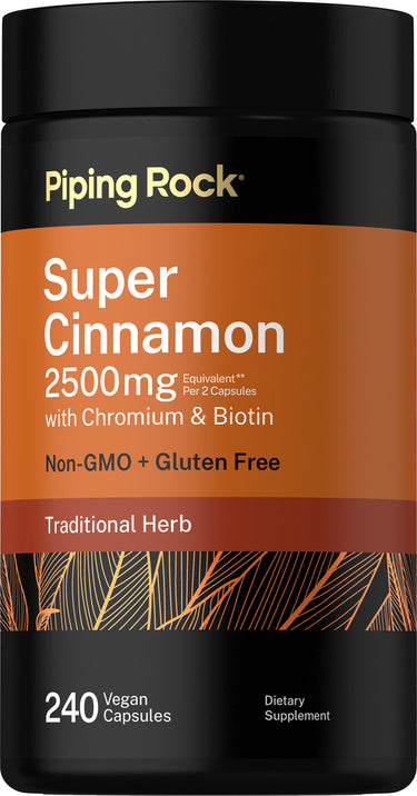 Super Cinnamon 2500mg with Chromium & Biotin, Non-GMO and Gluten Free. Contains 240 vegan capsules; 2 capsules per serving.