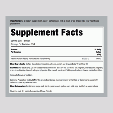 Vitamin A (Fish Oil), 25000 IU, 250 Softgels
