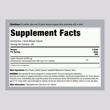 Ceylon Cinnamon Extract, 2000 mg, 180 Capsules