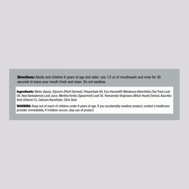 The Supplement Facts panel for Desert Ess Tea Tree Oil Mouthwash Spearmint 16 oz is displayed.