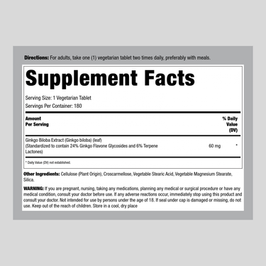 Ginkgo Biloba Standardized Extract, 60 mg, 180 Tablets