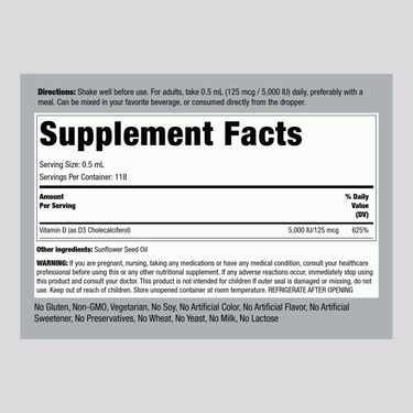 Supplement Facts panel for Liquid Vitamin D3, 5000 IU, 2 OZ, is shown with detailed nutritional information.