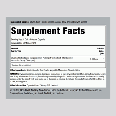 Olive Leaf Extract, 9000 mg, 120 Quick Release Capsules
