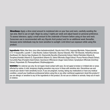 Image showing the Supplement Facts panel for 10% Glycolic Acid Cream, 4 oz.