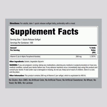 Natural Vitamin E, 400 IU, 100 Quick Release Softgels