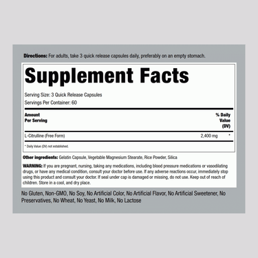 This image shows the Supplement Facts panel for L-Citrulline, indicating 2400 mg per serving with 180 capsules per bottle.