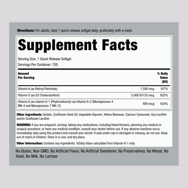 Supplement Facts panel displaying ingredients and nutritional information for ADK 150 Softgels.