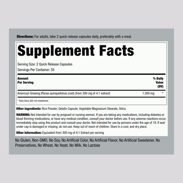American Ginseng, 1200 mg (per serving), 110 Quick Release Capsules