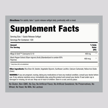 Supplement Facts label for CoQ10 400 mg Softgels, showing details for a bottle containing 120 softgels.