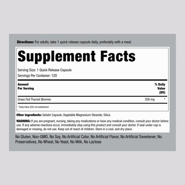 Grass Fed Beef Thyroid, 200 mg, 120 Quick Release Capsules