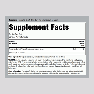 Image of Supplement Facts panel for Fenugreek Liquid Extract 4 fl oz, detailing ingredient information and daily values.
