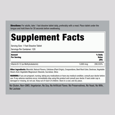 Methylcobalamin B-12 (Sublingual), 5000 mcg, 120 Fast Dissolve Tablets