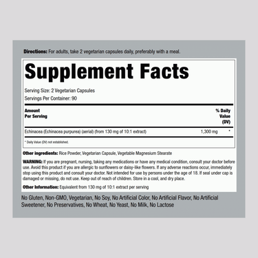 Supplement Facts for Echinacea 1300 mg Capsules, 180 count.