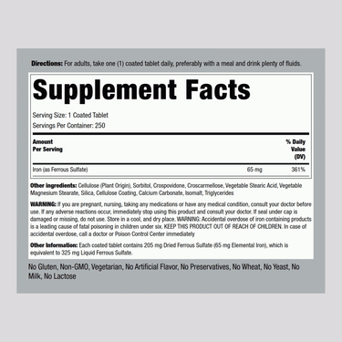 Iron Ferrous Sulfate, 65 mg, 250 Coated Tablets