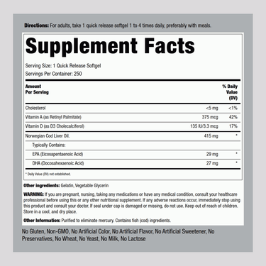 The Supplement Facts panel for Cod Liver Oil Softgels 250 highlights nutritional information and daily values for each component.