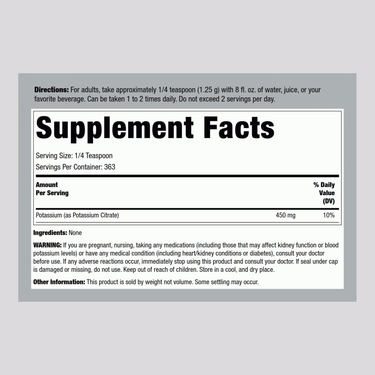 Potassium Citrate Powder, 16 oz (454 g) Bottle