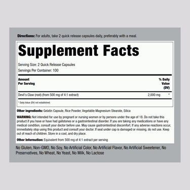 Supplement Facts panel displaying details for Devils Claw supplement, 2000 mg per serving, 200 capsules in the bottle.
