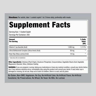 Supplement Facts panel for Vitamin C 1000 mg with Rose Hips, featuring coated caplets in a quantity of 250.