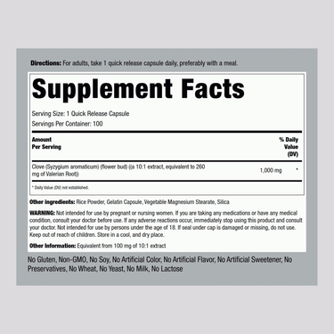 Supplement Facts for Cloves 1000 mg, 100 Capsules provide details on ingredients and nutritional information in a clear format.