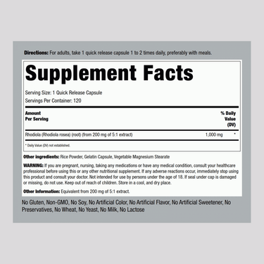 Supplement Facts panel for Rhodiola Rosea 1000mg, derived from 5:1 extract, in a bottle of 120 capsules.