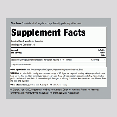 Image of Supplement Facts panel for Astragalus 4500 mg Capsules, 90 count.