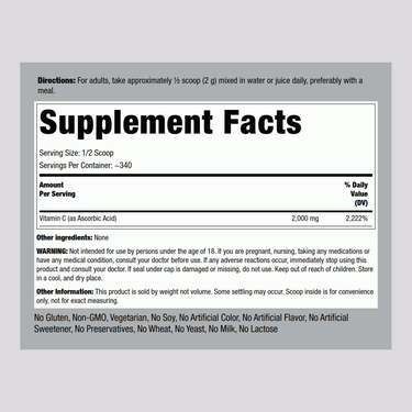 Vitamin C  Powder, 2000 mg (per serving), 24 oz (680 g) Bottle
