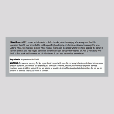 Supplement Facts panel detailing contents for Magnesium Oil 64 OZ, including nutritional information and ingredient list.