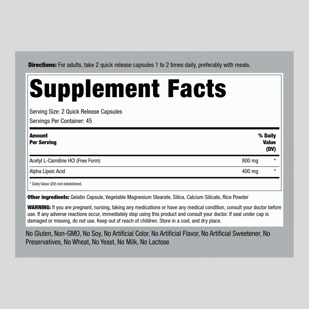 Acetyl L-Carnitine 800 mg & Alpha Lipoic Acid 400 mg, 90 Quick Release Acetyl L-Carnitine 800 mg & Alpha Lipoic Acid 400 mg, 90 Quick Release