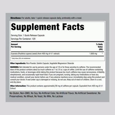 Supplement Facts panel for Guarana 1600 mg capsules, 120 count.