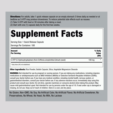 Supplement Facts for 5-HTP 100 mg, 180 capsules provided.