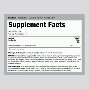 Supplement Facts for Marshmallow Root Liquid Extract, 4 fl oz (118mL).