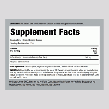 Supplement Facts panel showing L-Carnitine 500 mg Capsule details, 120 count.