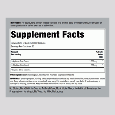 L-Arginine 1000 mg  & Citrulline 500 mg, 1000/500 mg, 120 Quick Release Capsules