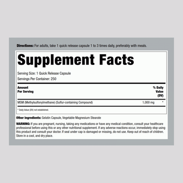 MSM + Sulfur, 1000 mg, 250 Quick Release Capsules