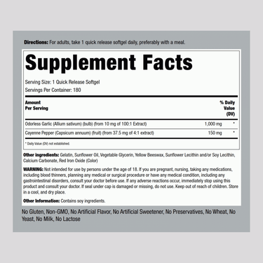 Supplement Facts for Garlic & Cayenne Softgels, 180 count.