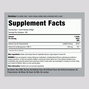 Image of Supplement Facts panel for K-2 Complex W/ D containing 180 softgels.