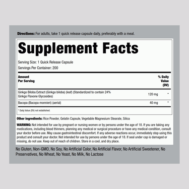 Supplement Facts showing details for Ginkgo Biloba 120 mg Capsules 200.