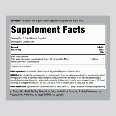 Supplement Facts label of Momordica Bitter Melon Complex 1500 mg with 200 capsules.