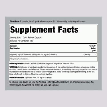 Supplement Facts panel for Goji Berry (Wolfberry) 1000 mg, 120 Capsules.