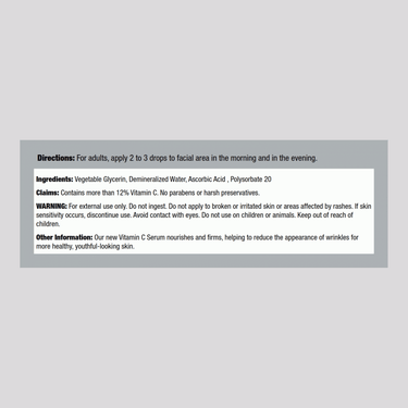 Supplement Facts panel for PIP Vit C Serum, 2 oz (60 mL).