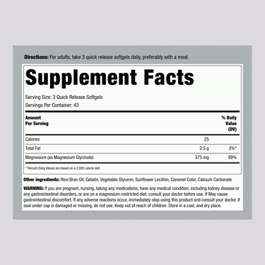Supplement Facts panel showing Mag Glycinate 375 mg with 130 softgels.