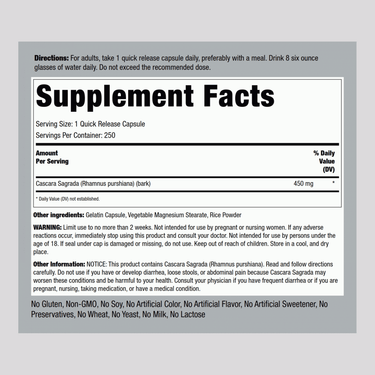 Supplement Facts for Cascara Sagrada 450 mg, 250 Capsules.