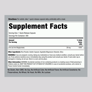 Gentle Iron (Iron Bisglycinate), 28 mg, 300 Quick Release Capsules
