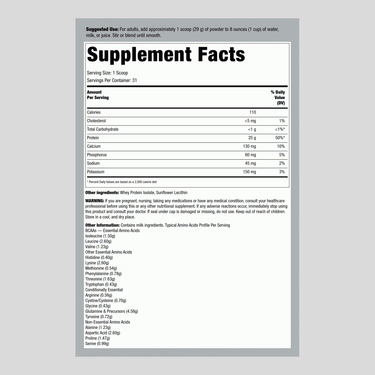 Supplement Facts panel for 100% Whey Protein Isolate Unflavored 2 lb.